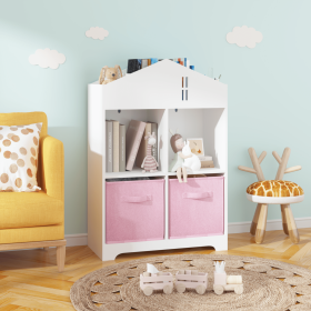 Kids Dollhouse Bookcase with Storage, 2-Tier Storage Display Organizer, Toddler Bookshelf with 2 Collapsible Fabric Drawers for Bedroom or Playroom (W