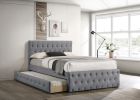 Contemporary Full Size Bed w/ Trundle Slats Light Grey Burlap Upholstered Button Tufted Headboard Footboard Youth Bedroom Furniture wooden Slats 1pc B