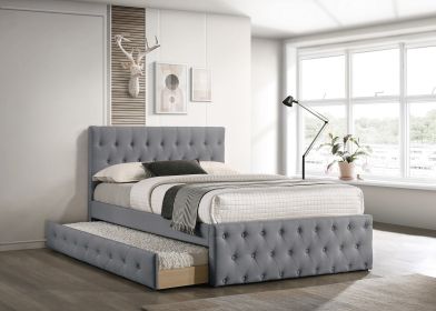 Contemporary Full Size Bed w/ Trundle Slats Light Grey Burlap Upholstered Button Tufted Headboard Footboard Youth Bedroom Furniture wooden Slats 1pc B
