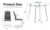 Table and chair set. (1 table+4 gray chairs) Round dining table with a 40 inch diameter glass tabletop and silver plated metal legs. 4 gray PU chairs