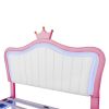 Full Size Upholstered Bed Frame with LED Lights,Modern Upholstered Princess Bed With Crown Headboard,White+Pink