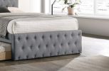 Contemporary Full Size Bed w/ Trundle Slats Light Grey Burlap Upholstered Button Tufted Headboard Footboard Youth Bedroom Furniture wooden Slats 1pc B