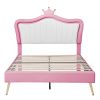 Full Size Upholstered Bed Frame with LED Lights,Modern Upholstered Princess Bed With Crown Headboard,White+Pink