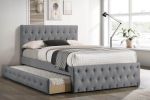 Contemporary Full Size Bed w/ Trundle Slats Light Grey Burlap Upholstered Button Tufted Headboard Footboard Youth Bedroom Furniture wooden Slats 1pc B
