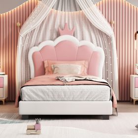 Twin size Upholstered Princess Bed With Crown Headboard,Twin Size Platform Bed with Headboard and Footboard (Color: White+Pink)