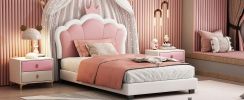 Twin size Upholstered Princess Bed With Crown Headboard,Twin Size Platform Bed with Headboard and Footboard